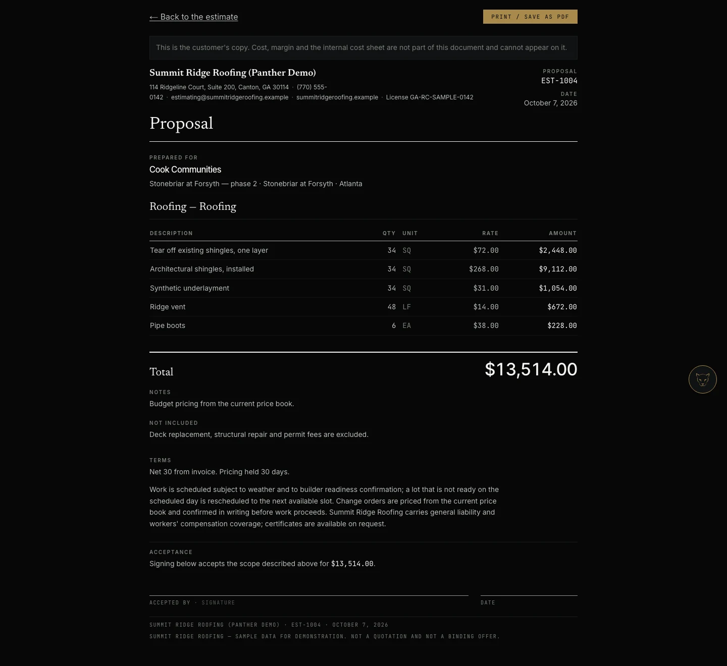 A Panther customer proposal for the demo company showing scope, line items and totals, with a footer reading SAMPLE DATA FOR DEMONSTRATION, NOT A QUOTATION AND NOT A BINDING OFFER.